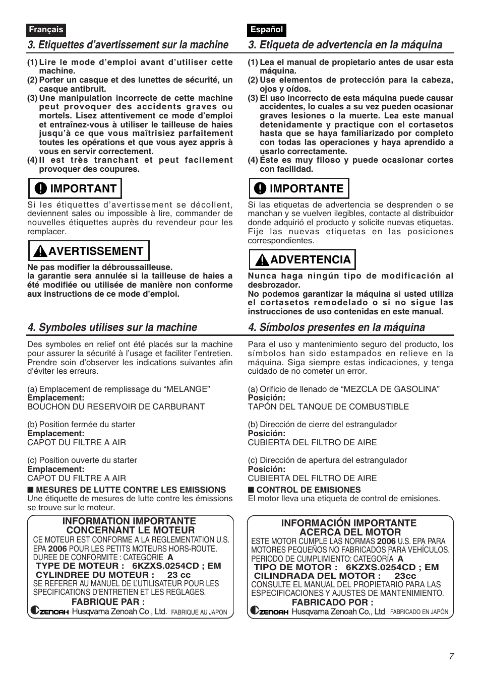 Avertissement important, Advertencia importante | Zenoah CHT2200 User Manual | Page 7 / 48