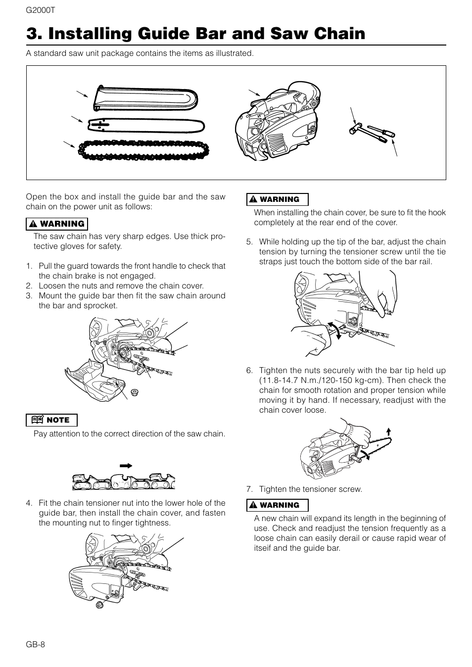 Installing guide bar and saw chain | Zenoah G2000T User Manual | Page 8 / 16