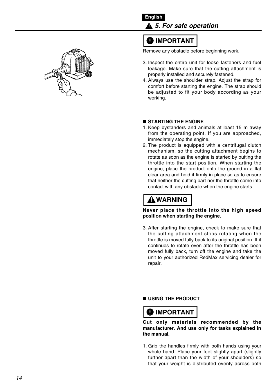 Important warning important 5. for safe operation | Zenoah LRTZ2401-CA User Manual | Page 14 / 56