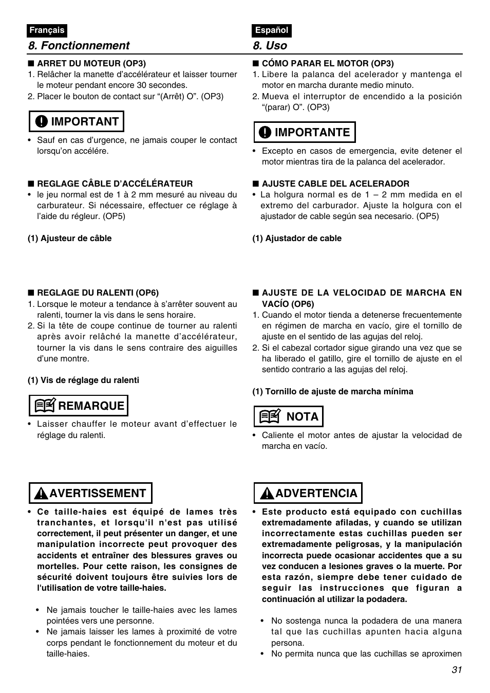 Fonctionnement 8. uso, Avertissement remarque important, Advertencia nota importante | Zenoah LRTZ2401-CA User Manual | Page 31 / 56