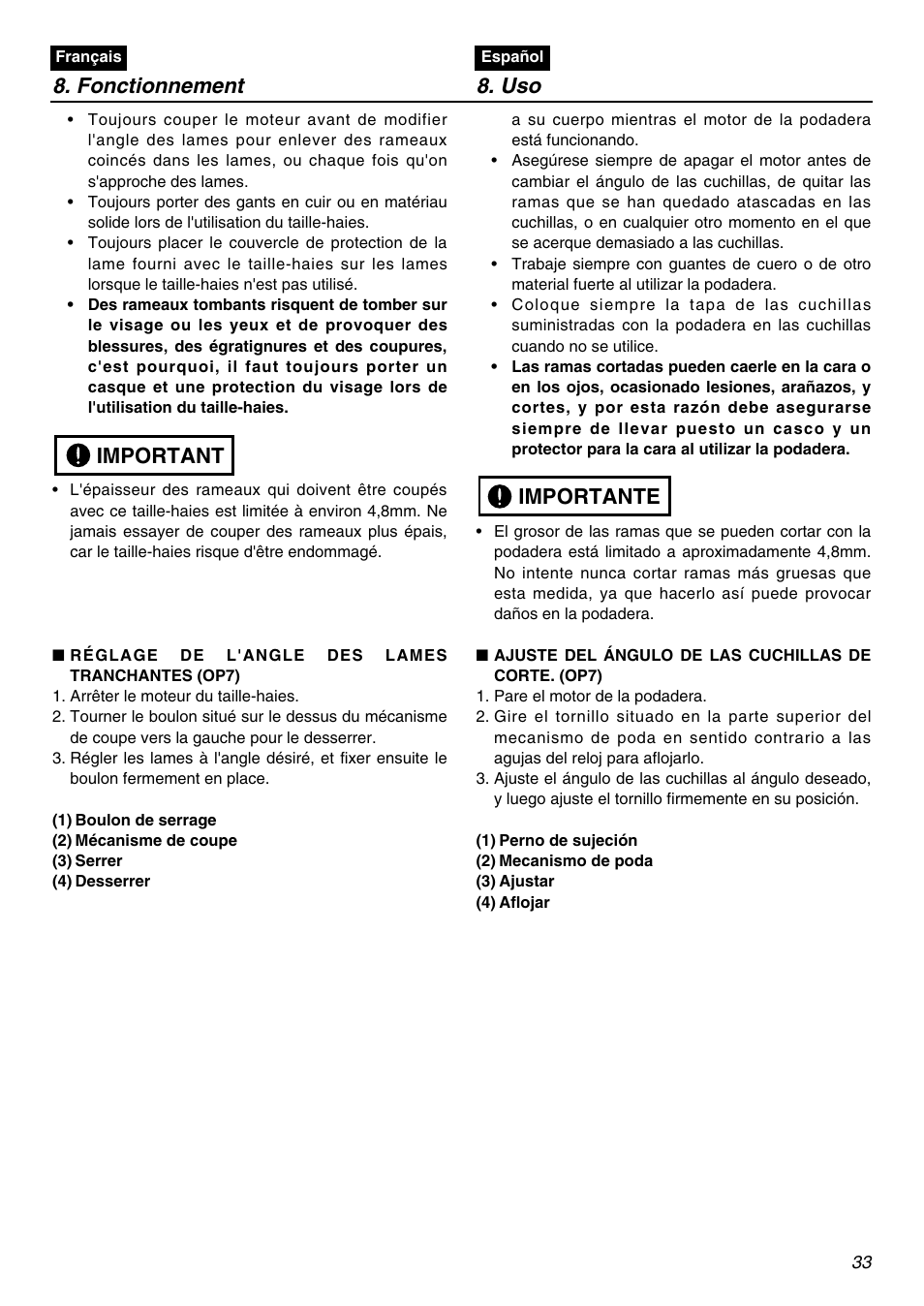 Fonctionnement 8. uso, Importante, Important | Zenoah LRTZ2401-CA User Manual | Page 33 / 56