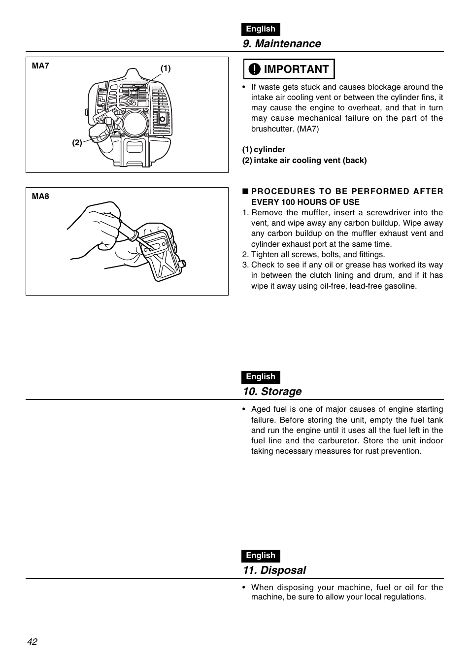 Maintenance, Important, Storage | Disposal | Zenoah LRTZ2401-CA User Manual | Page 42 / 56