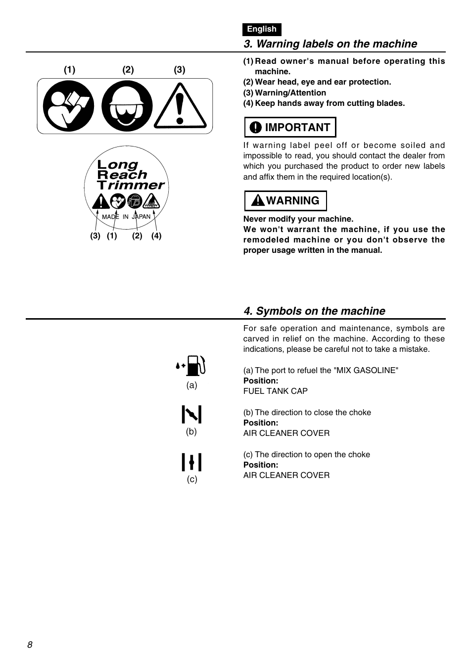 Warning labels on the machine, Warning important 4. symbols on the machine | Zenoah LRTZ2401-CA User Manual | Page 8 / 56