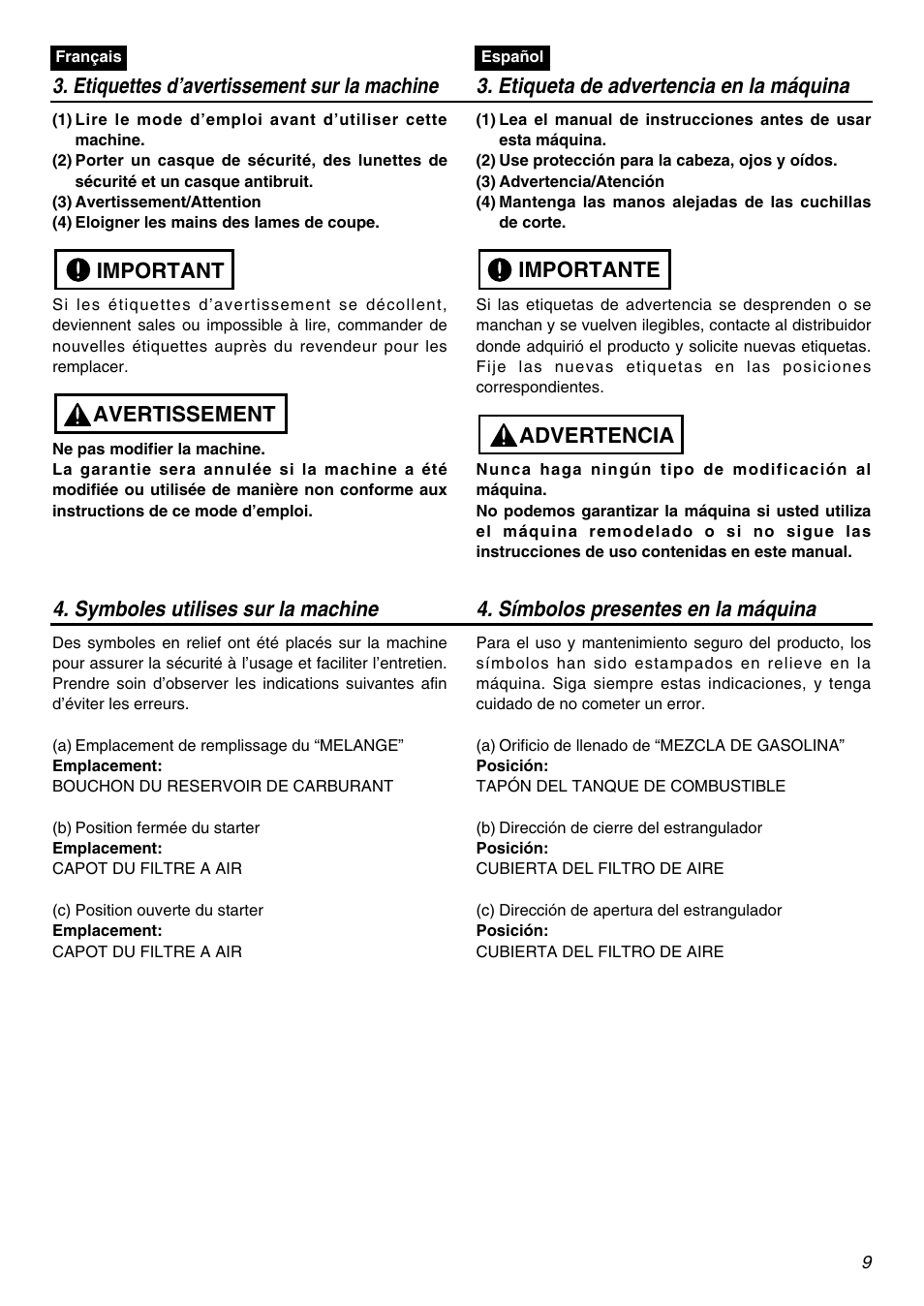 Avertissement important, Advertencia importante | Zenoah LRTZ2401-CA User Manual | Page 9 / 56