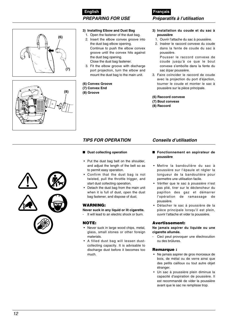 12 tips for operation conseils d’utilisation, Preparing for use préparatifs à l’utilisation | Zenoah HB2301 User Manual | Page 12 / 20