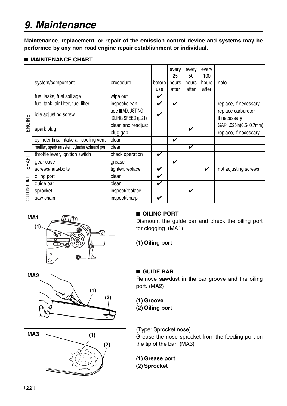 Maintenance | Zenoah PSZ2500 User Manual | Page 22 / 36