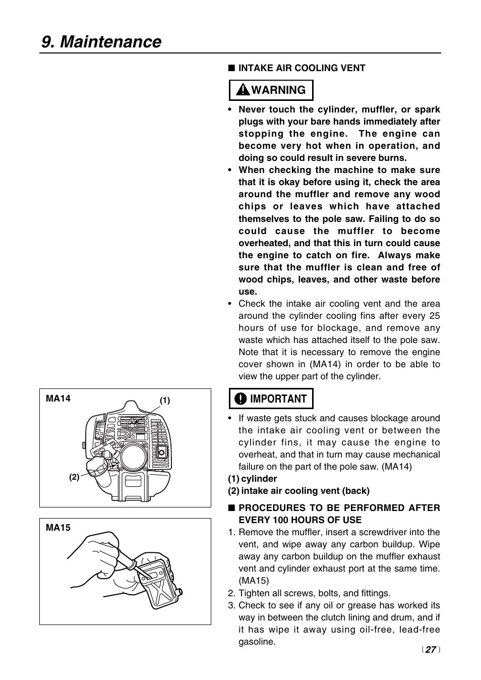 Maintenance | Zenoah PSZ2500 User Manual | Page 27 / 36