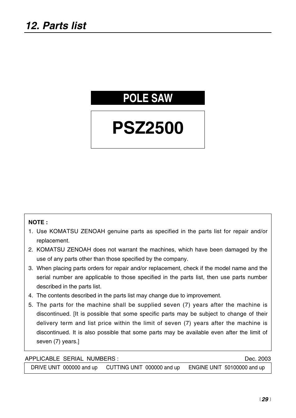 Psz2500, Pole saw, Parts list | Zenoah PSZ2500 User Manual | Page 29 / 36