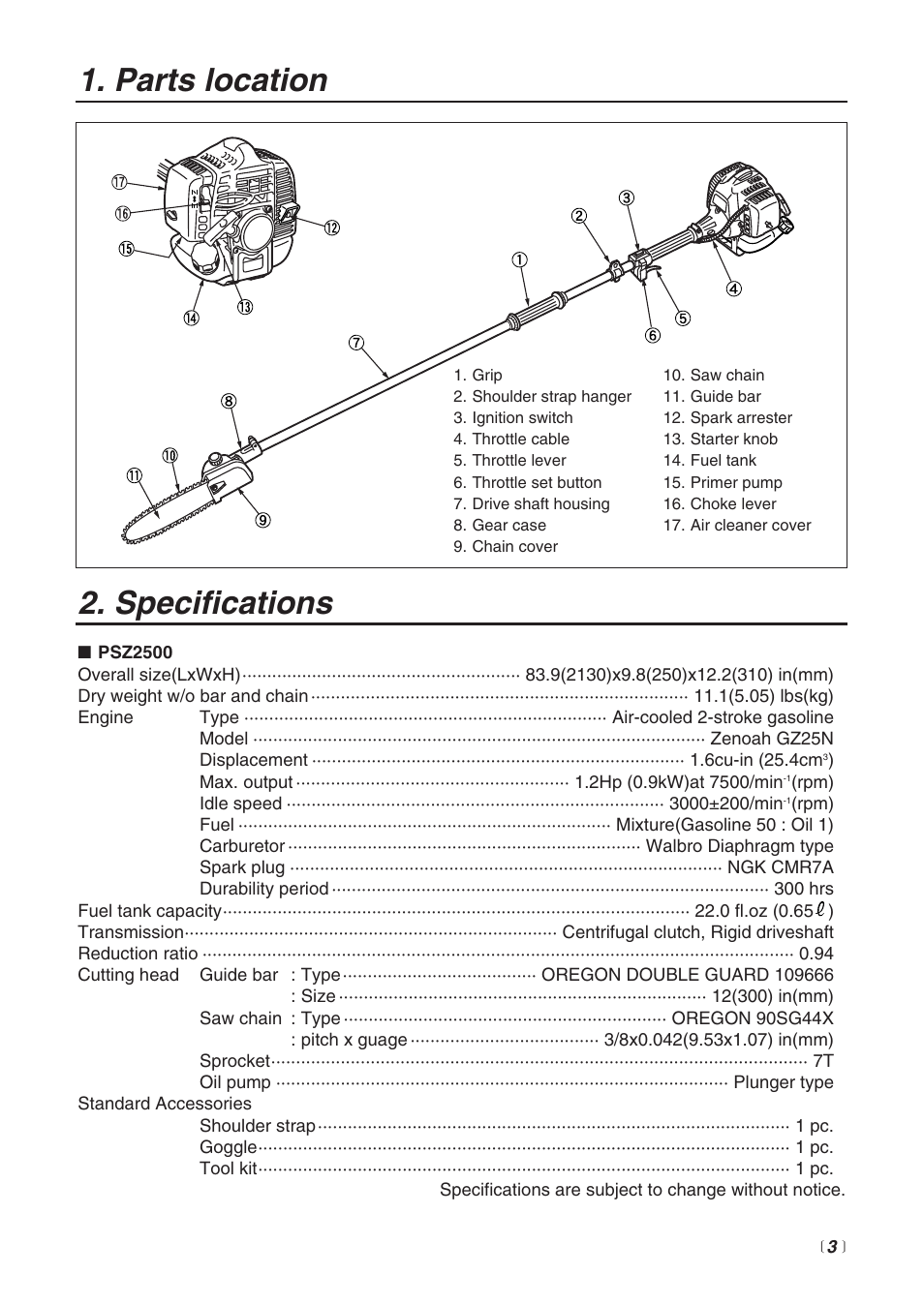 Specifications, Parts location | Zenoah PSZ2500 User Manual | Page 3 / 36