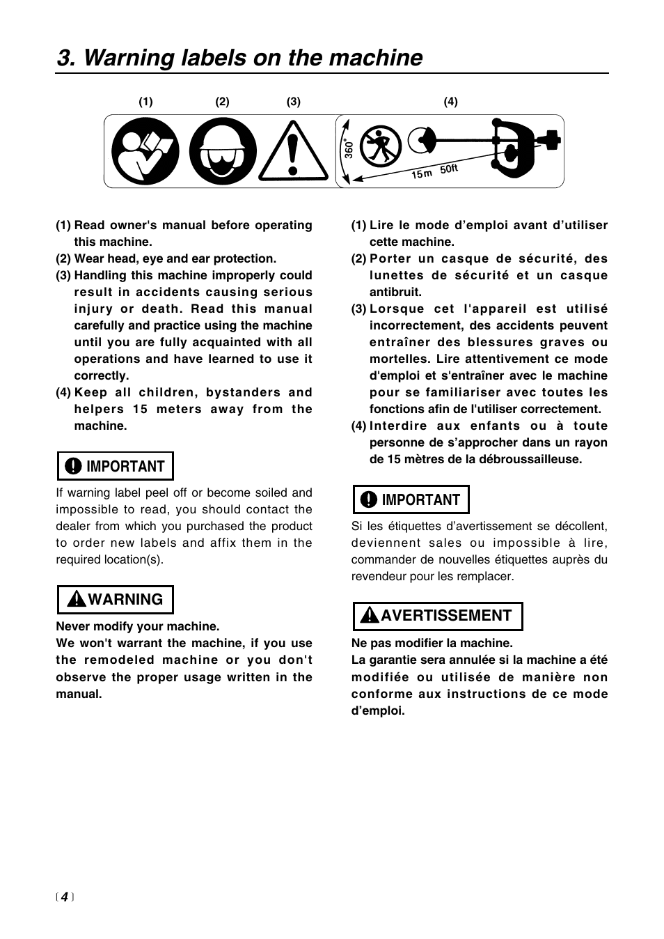 Warning labels on the machine, Warning important, Avertissement important | Zenoah PSZ2500 User Manual | Page 4 / 36