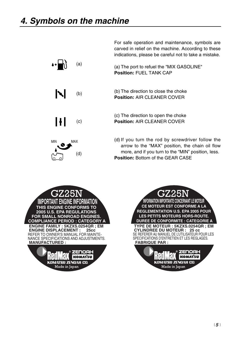 Symbols on the machine, Important engine information | Zenoah PSZ2500 User Manual | Page 5 / 36