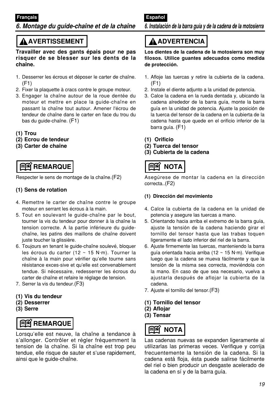 Remarque, Remarque avertissement, Nota | Nota advertencia | Zenoah G5000AVS User Manual | Page 19 / 72