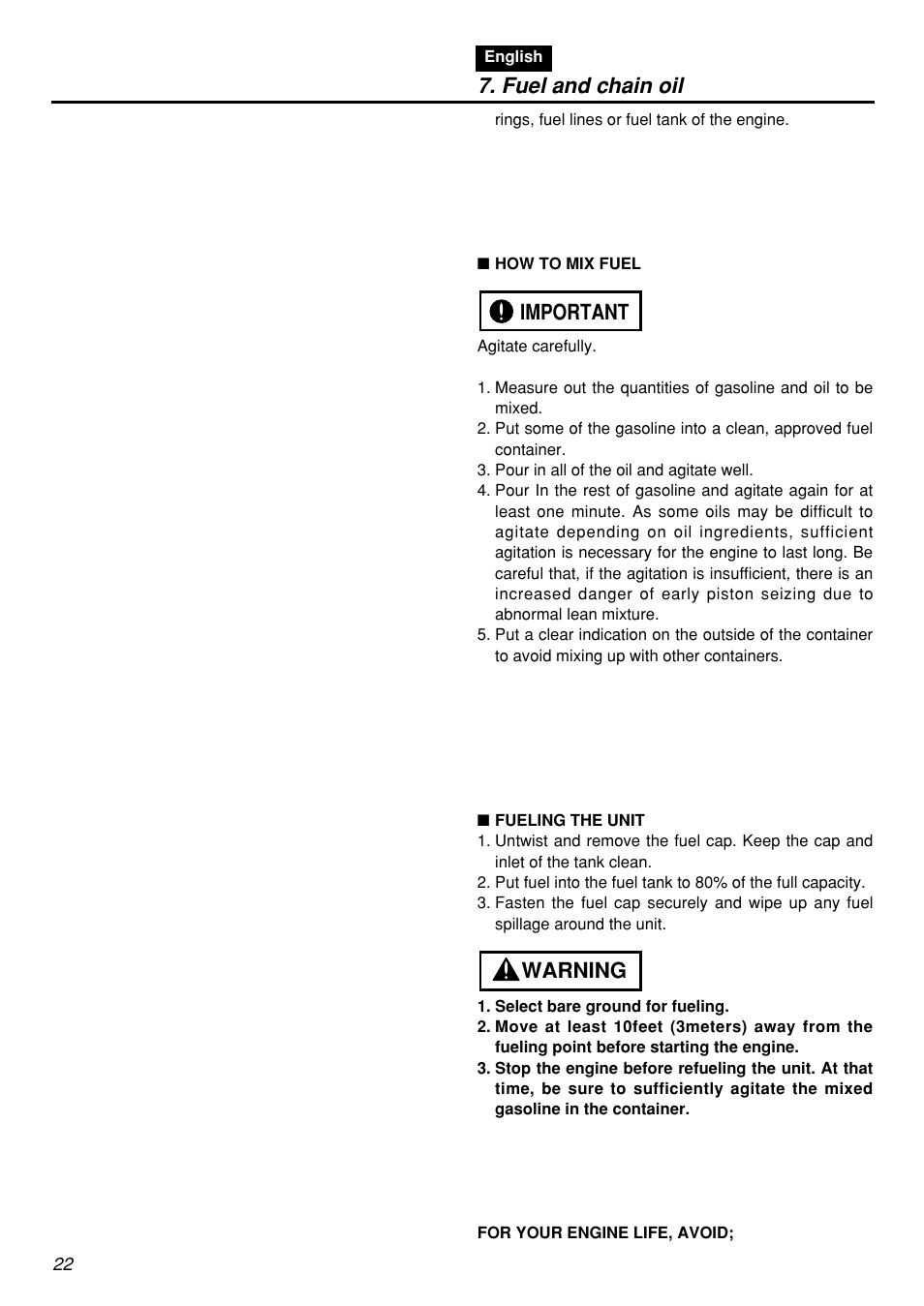 Warning important 7. fuel and chain oil | Zenoah G5000AVS User Manual | Page 22 / 72