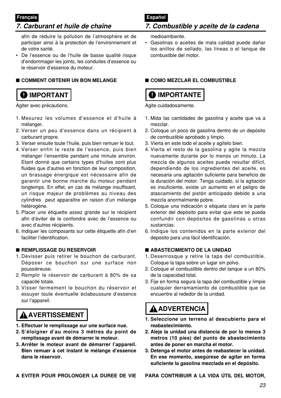 Avertissement important | Zenoah G5000AVS User Manual | Page 23 / 72