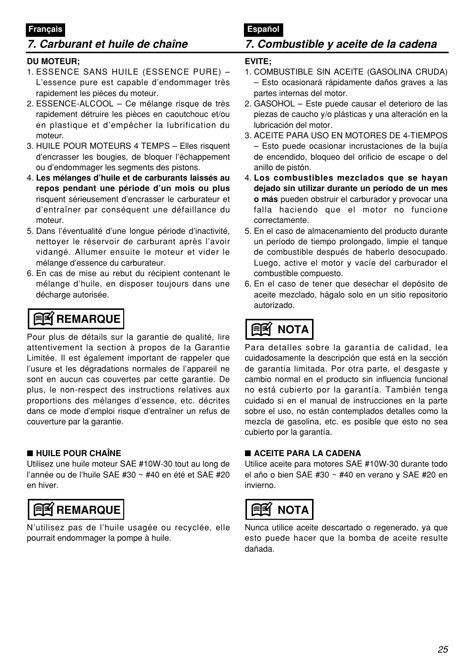 Remarque, Nota | Zenoah G5000AVS User Manual | Page 25 / 72