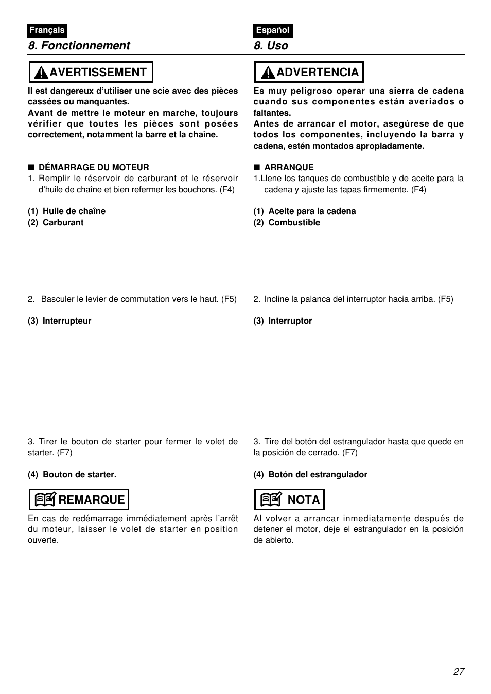 Fonctionnement 8. uso, Remarque avertissement, Nota advertencia | Zenoah G5000AVS User Manual | Page 27 / 72