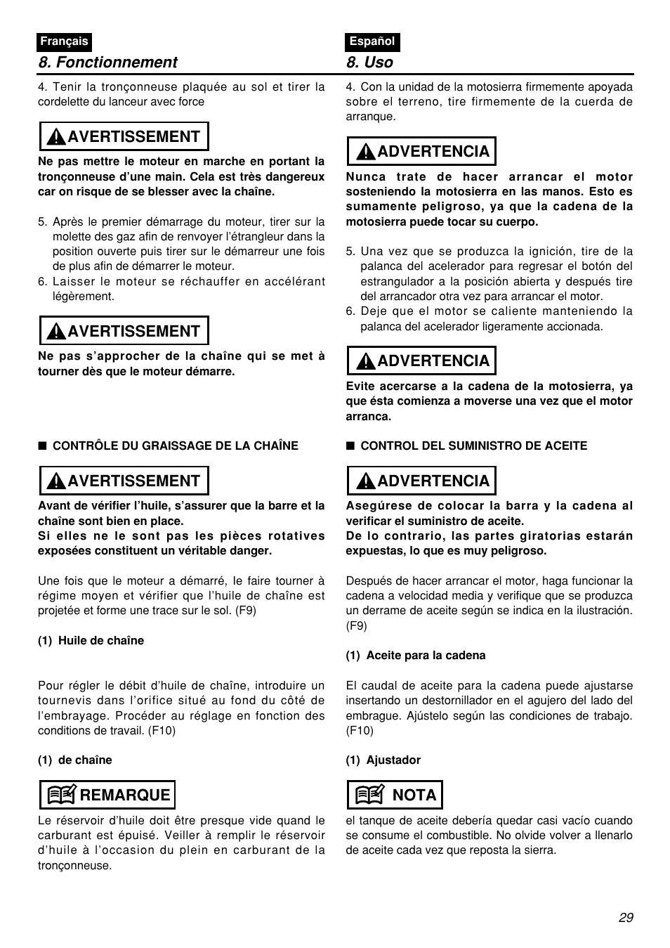 Fonctionnement 8. uso, Remarque avertissement avertissement avertissement, Nota advertencia advertencia advertencia | Zenoah G5000AVS User Manual | Page 29 / 72