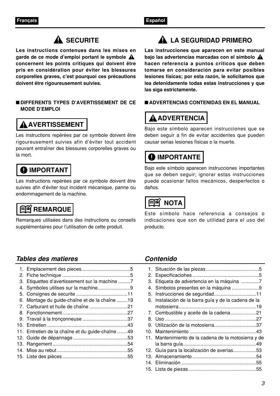 Securite | Zenoah G5000AVS User Manual | Page 3 / 72