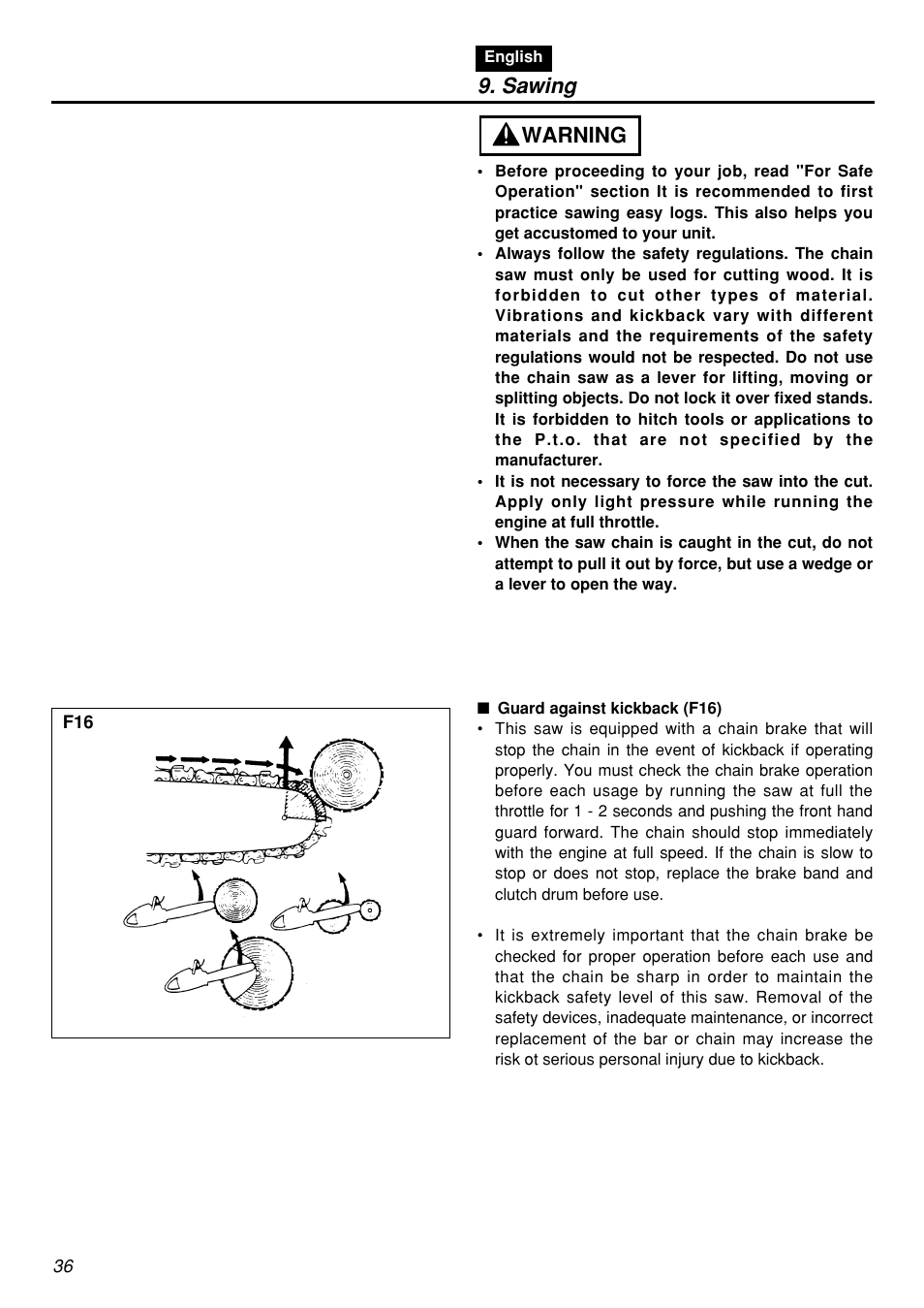 Sawing, Warning | Zenoah G5000AVS User Manual | Page 36 / 72