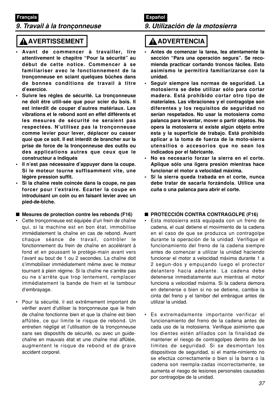 Travail à la tronçonneuse, Utilización de la motosierra, Avertissement | Advertencia | Zenoah G5000AVS User Manual | Page 37 / 72