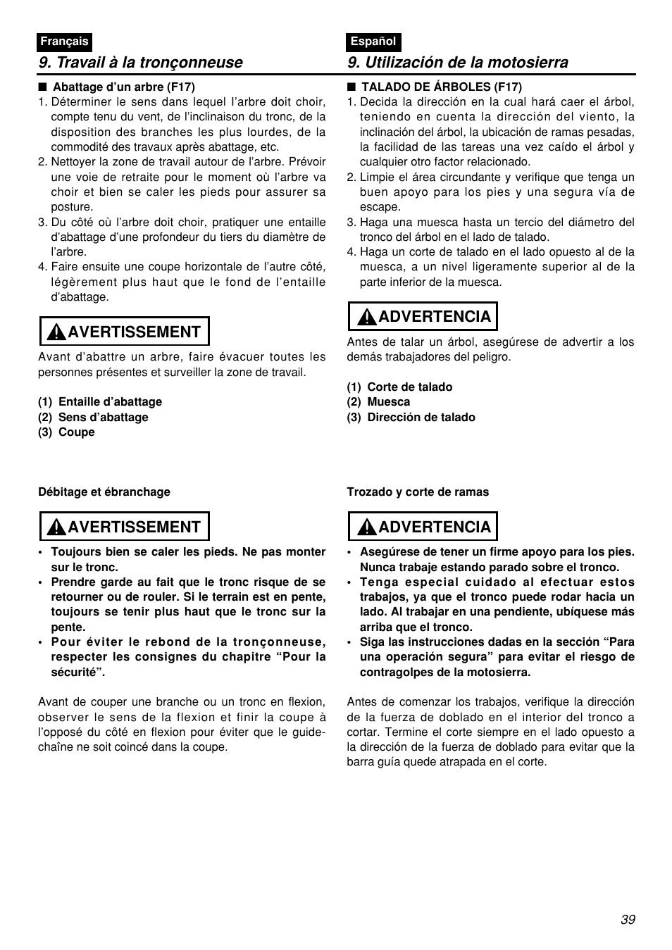 Travail à la tronçonneuse, Utilización de la motosierra, Avertissement | Advertencia | Zenoah G5000AVS User Manual | Page 39 / 72