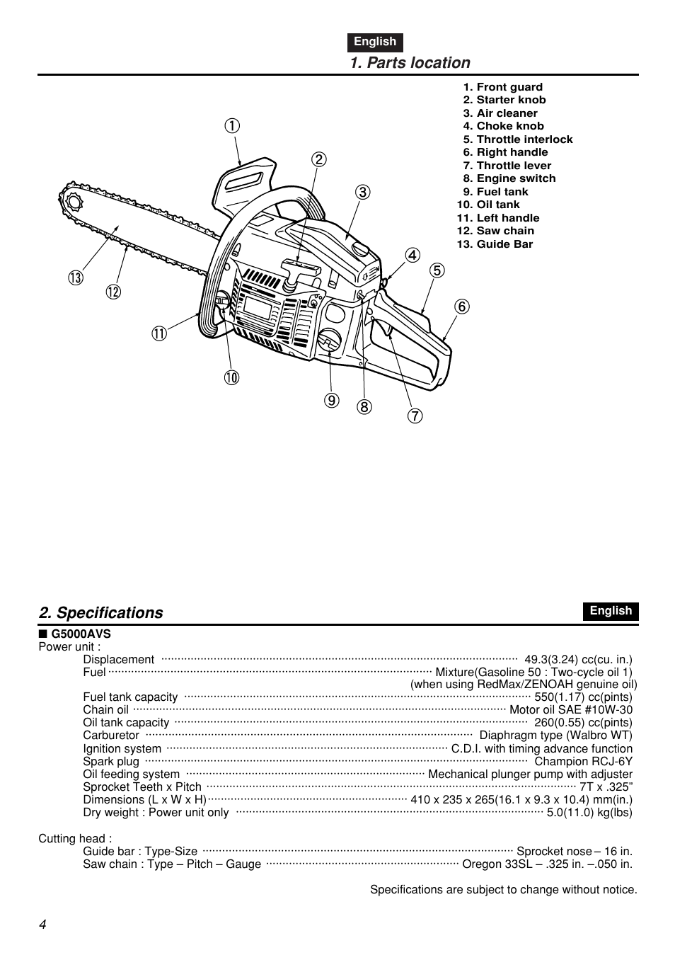 Parts location, Specifications | Zenoah G5000AVS User Manual | Page 4 / 72