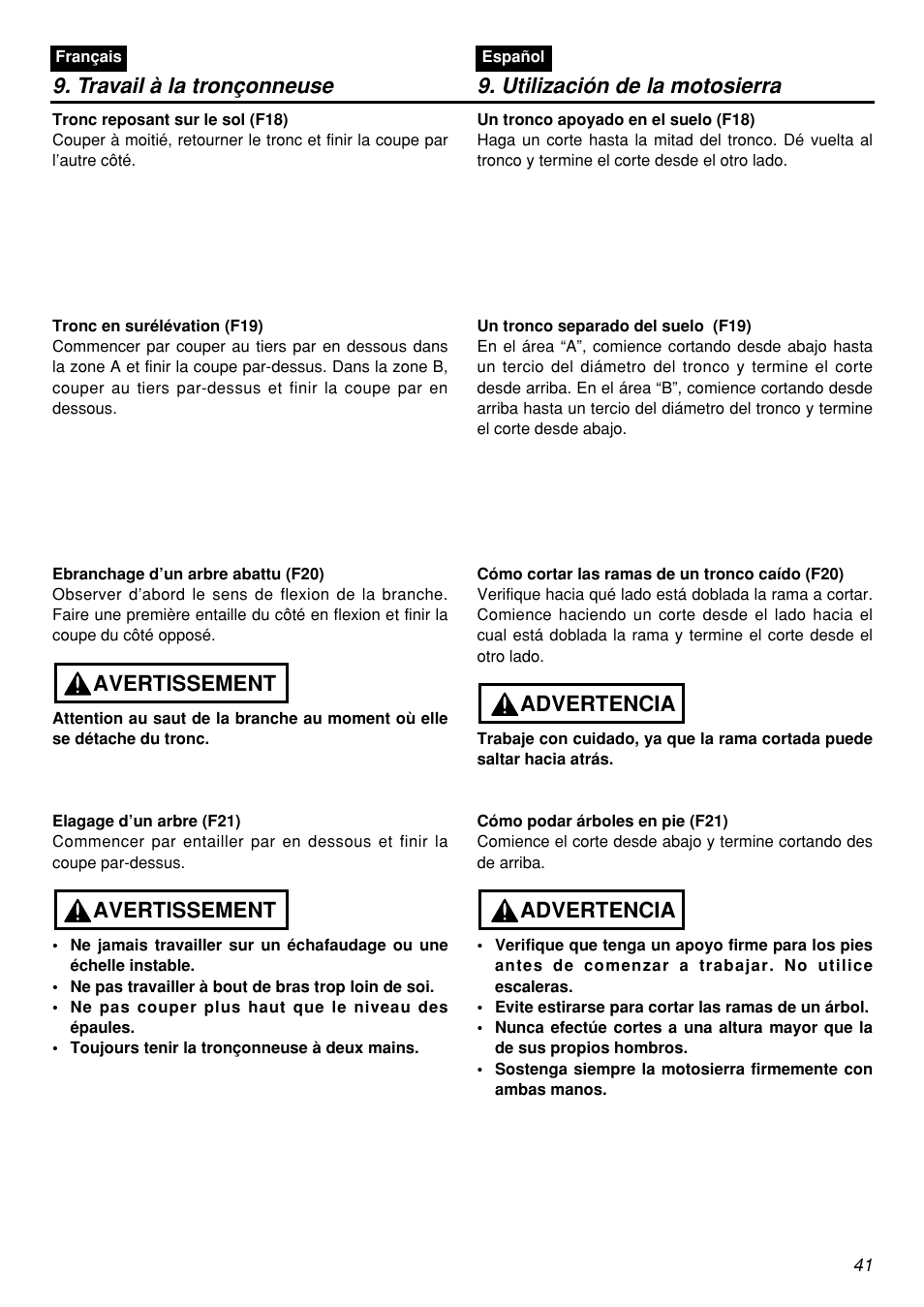 Travail à la tronçonneuse, Utilización de la motosierra, Avertissement | Advertencia | Zenoah G5000AVS User Manual | Page 41 / 72