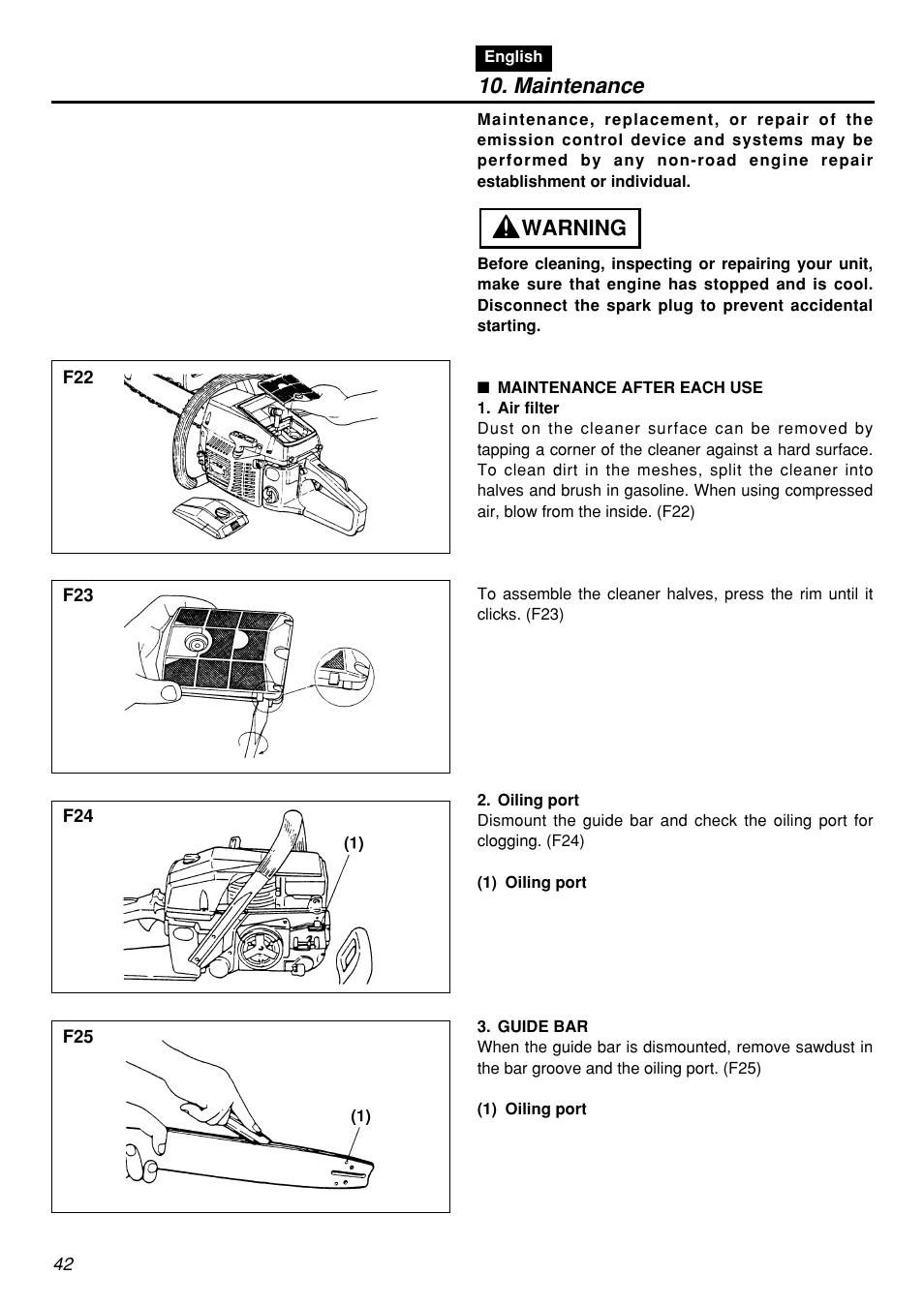 Maintenance, Warning | Zenoah G5000AVS User Manual | Page 42 / 72