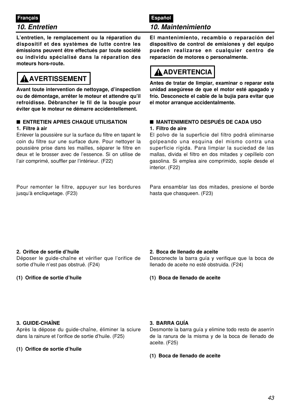 Entretien, Maintenimiento, Avertissement | Advertencia | Zenoah G5000AVS User Manual | Page 43 / 72