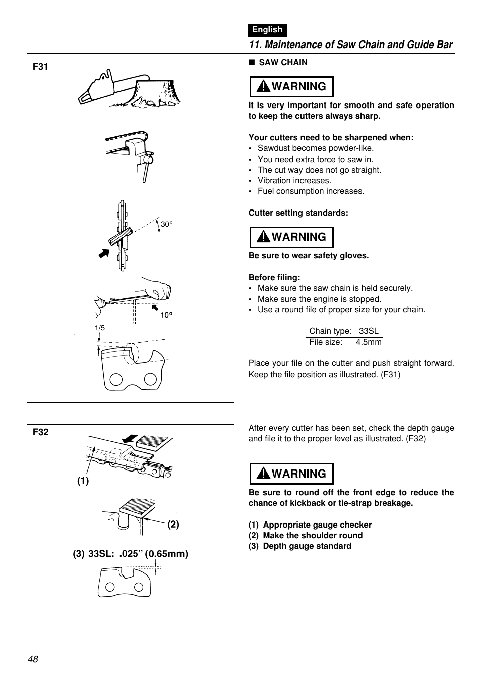 Maintenance of saw chain and guide bar, Warning | Zenoah G5000AVS User Manual | Page 48 / 72