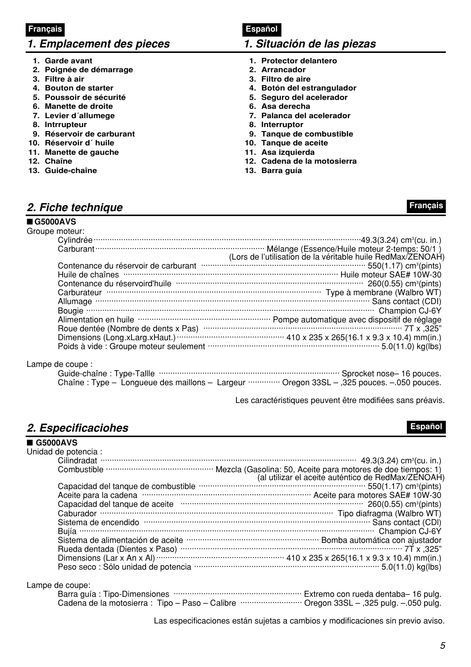 Emplacement des pieces 1. situación de las piezas, Fiche technique, Especificaciohes | Zenoah G5000AVS User Manual | Page 5 / 72