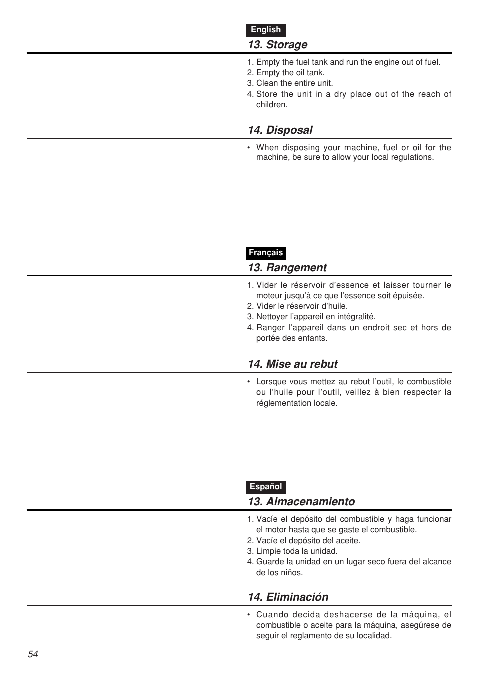 Storage 13. rangement, Almacenamiento, Mise au rebut | Eliminación, Disposal | Zenoah G5000AVS User Manual | Page 54 / 72