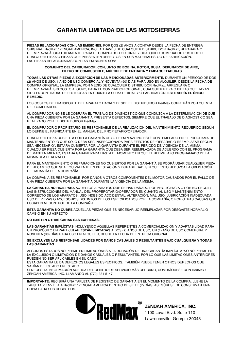 Garantía limitada de las motosierras | Zenoah G5000AVS User Manual | Page 69 / 72