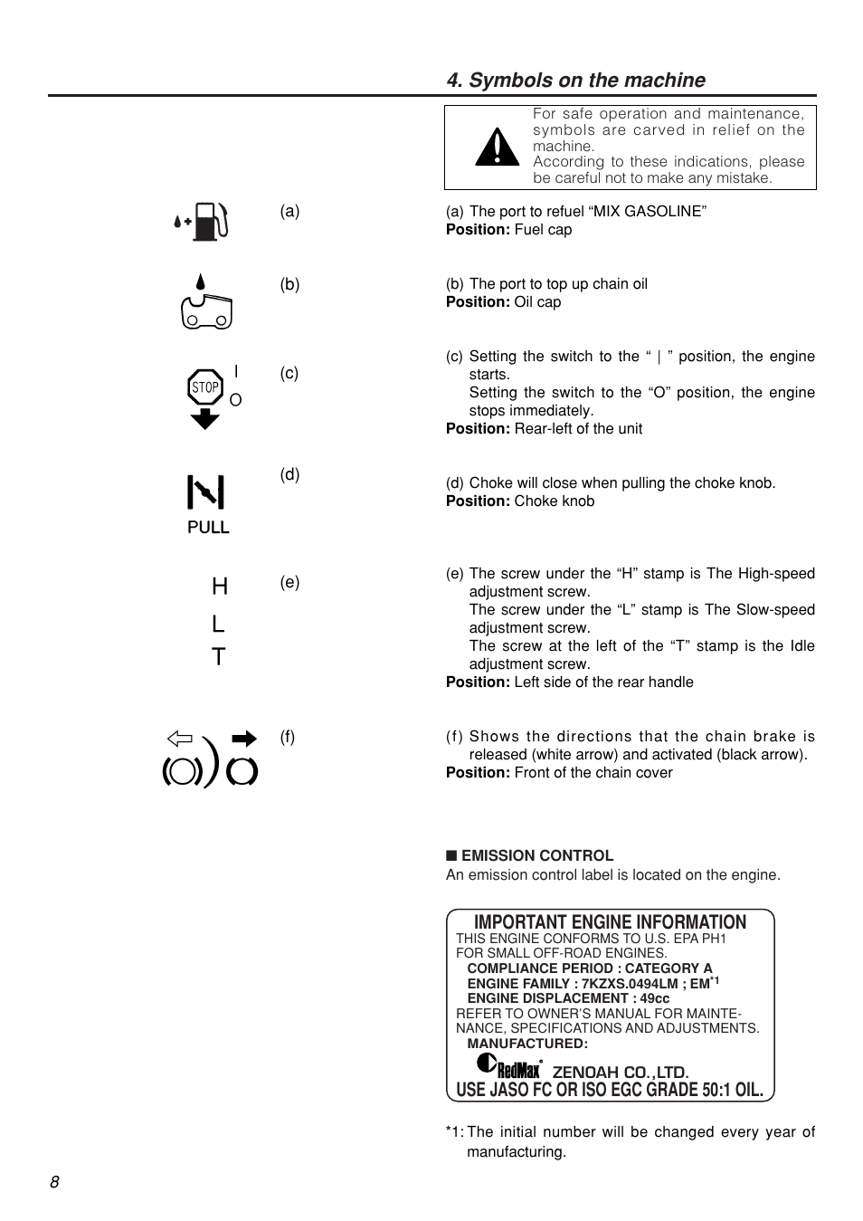 Symbols on the machine, Important engine information, Use jaso fc or iso egc grade 50:1 oil | Zenoah G5000AVS User Manual | Page 8 / 72