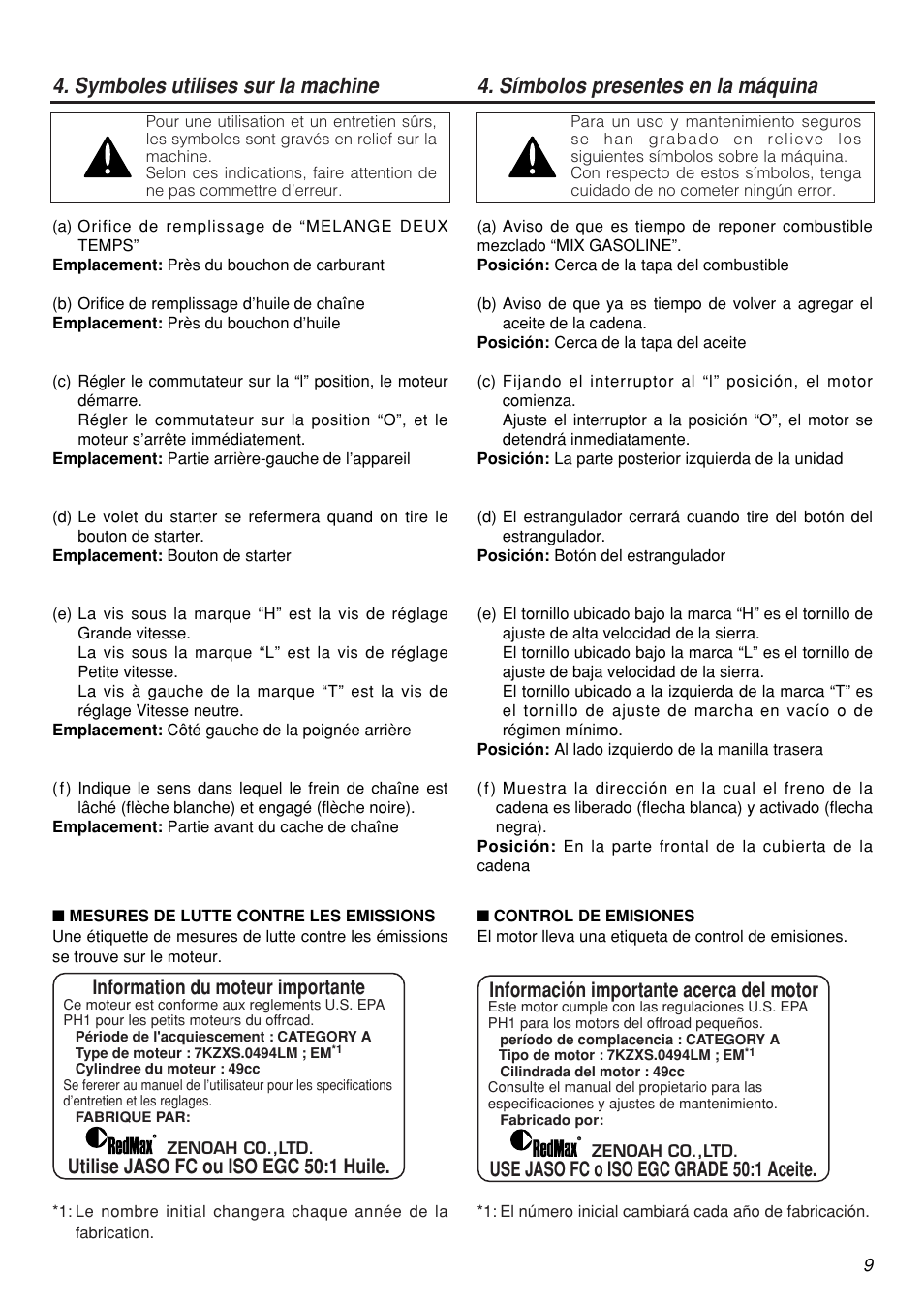 Information du moteur importante, Utilise jaso fc ou iso egc 50:1 huile, Información importante acerca del motor | Use jaso fc o iso egc grade 50:1 aceite | Zenoah G5000AVS User Manual | Page 9 / 72