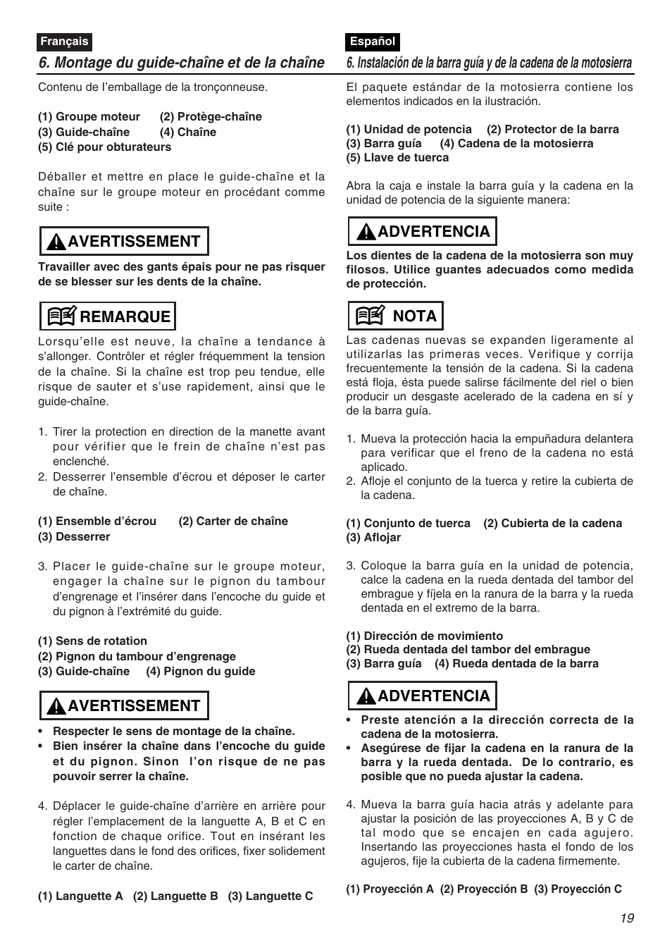 Avertissement remarque avertissement, Advertencia nota advertencia | Zenoah G3200EZ User Manual | Page 19 / 64