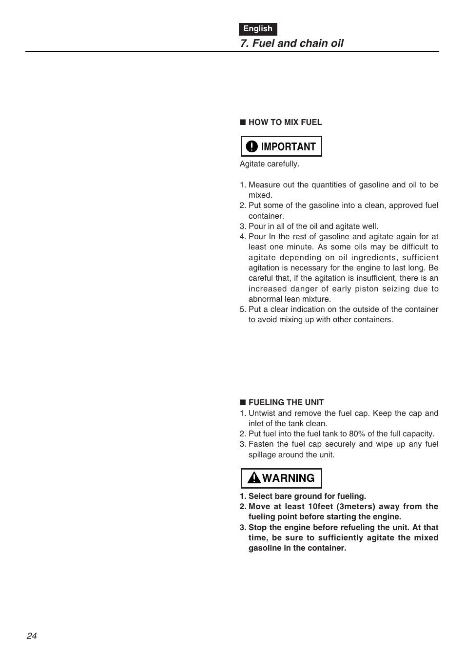 Warning important 7. fuel and chain oil | Zenoah G3200EZ User Manual | Page 24 / 64