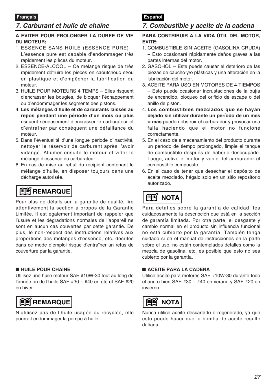 Remarque, Nota | Zenoah G3200EZ User Manual | Page 27 / 64