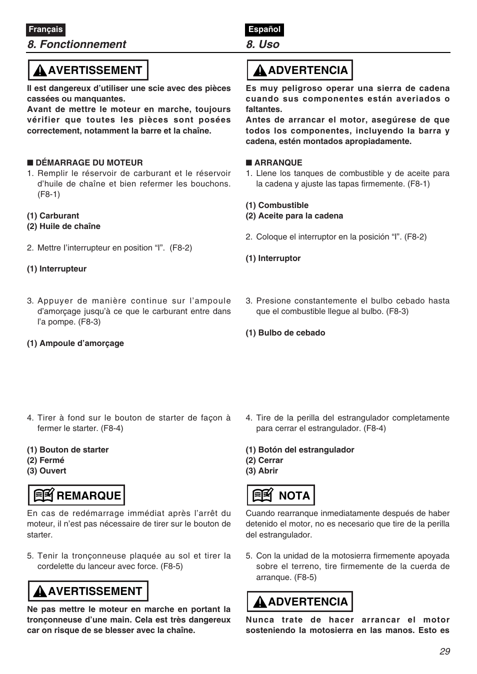 Fonctionnement 8. uso, Avertissement remarque avertissement, Advertencia nota advertencia | Zenoah G3200EZ User Manual | Page 29 / 64