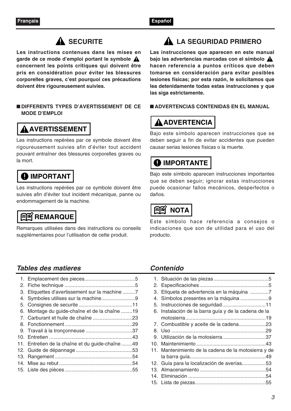 Securite | Zenoah G3200EZ User Manual | Page 3 / 64