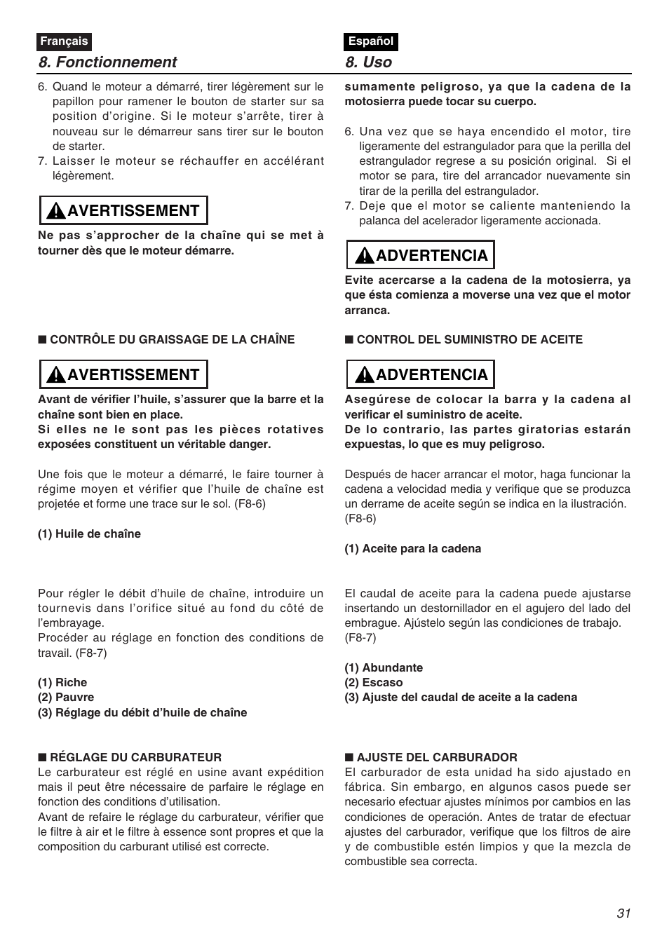 Fonctionnement 8. uso, Avertissement, Advertencia | Zenoah G3200EZ User Manual | Page 31 / 64