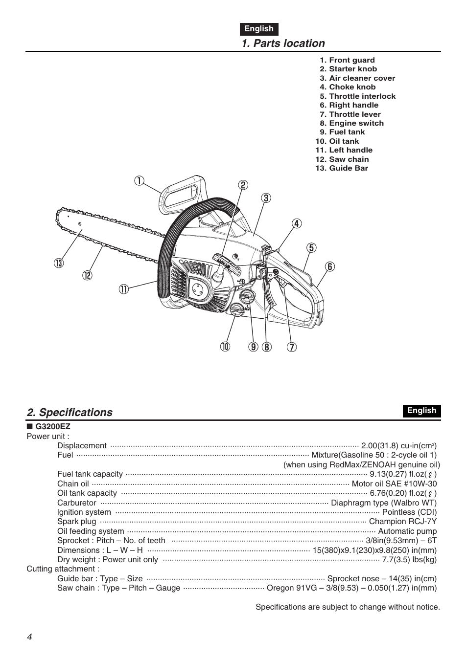 Parts location, Specifications | Zenoah G3200EZ User Manual | Page 4 / 64