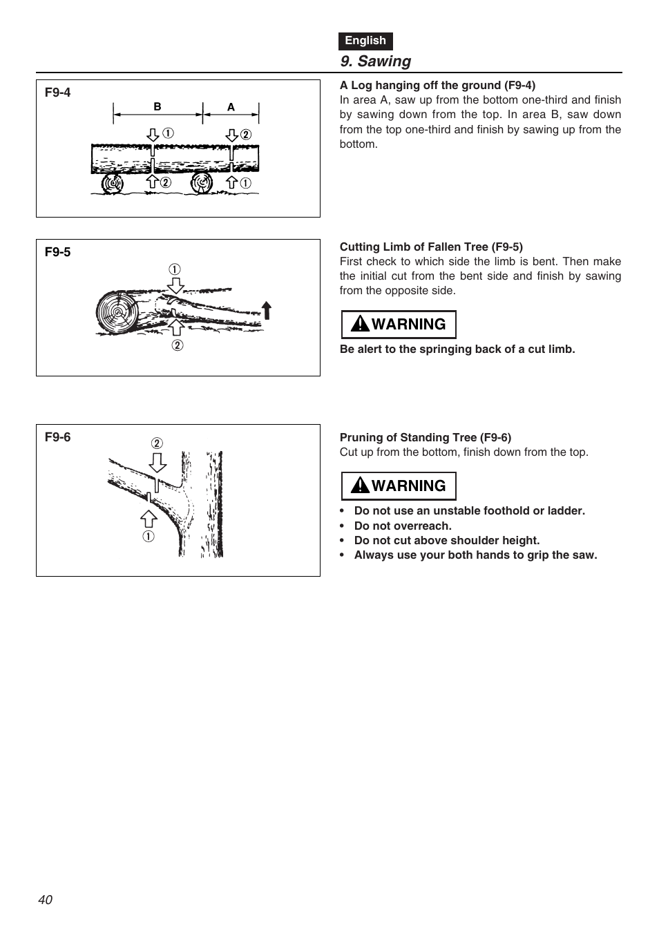 Warning, Sawing | Zenoah G3200EZ User Manual | Page 40 / 64