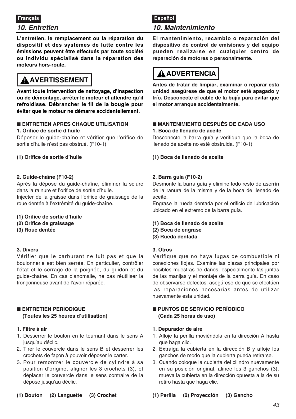 Entretien, Maintenimiento, Avertissement | Advertencia | Zenoah G3200EZ User Manual | Page 43 / 64