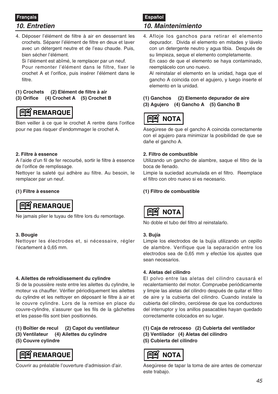 Entretien, Maintenimiento, Remarque | Nota | Zenoah G3200EZ User Manual | Page 45 / 64