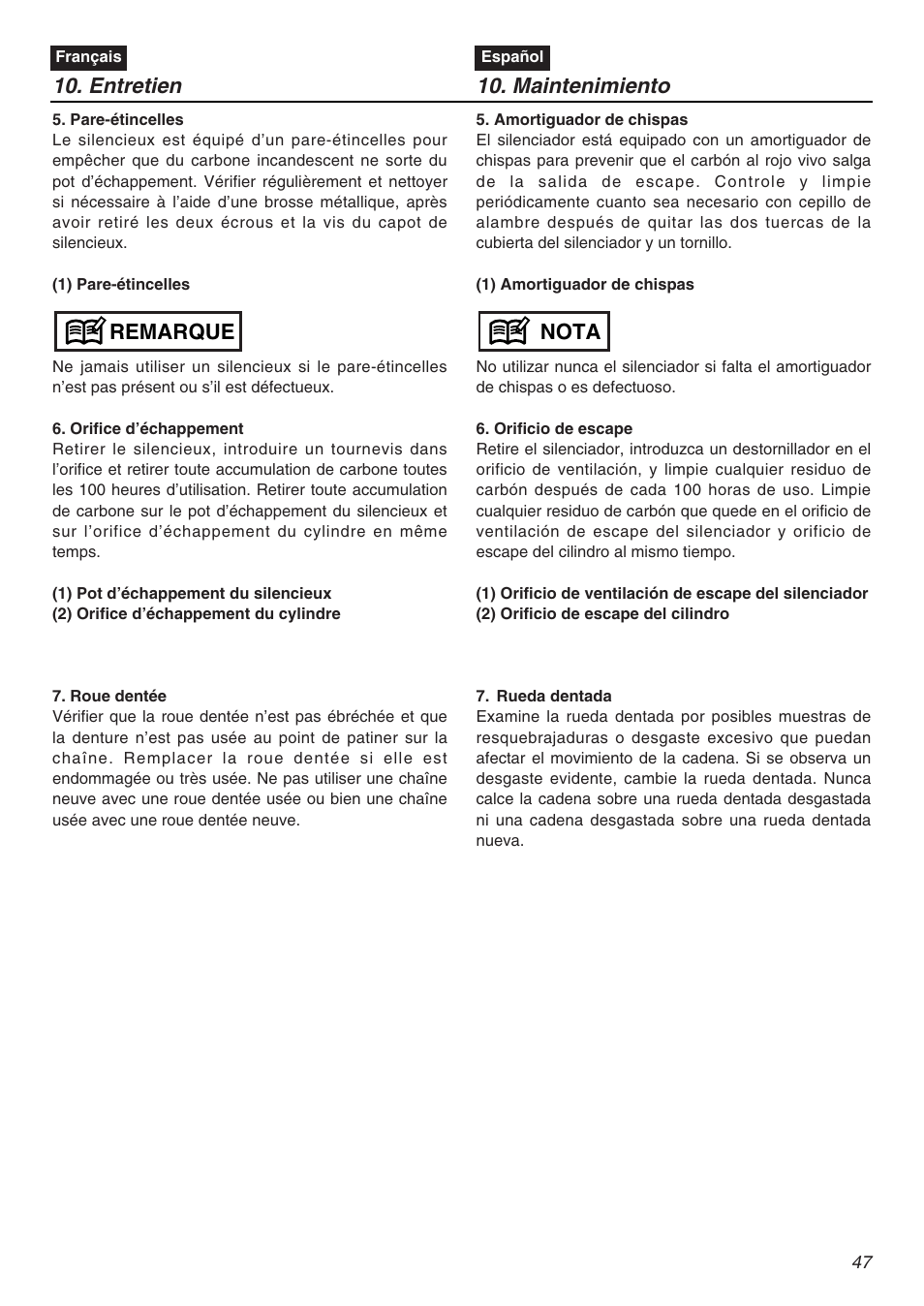 Remarque, Nota 10. entretien, Maintenimiento | Zenoah G3200EZ User Manual | Page 47 / 64