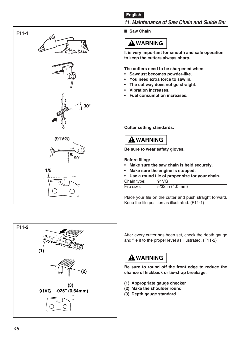 Maintenance of saw chain and guide bar, Warning | Zenoah G3200EZ User Manual | Page 48 / 64