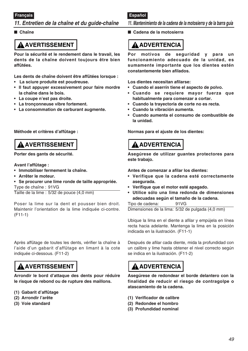 Entretien de la chaîne et du guide-chaîne, Avertissement, Advertencia | Zenoah G3200EZ User Manual | Page 49 / 64