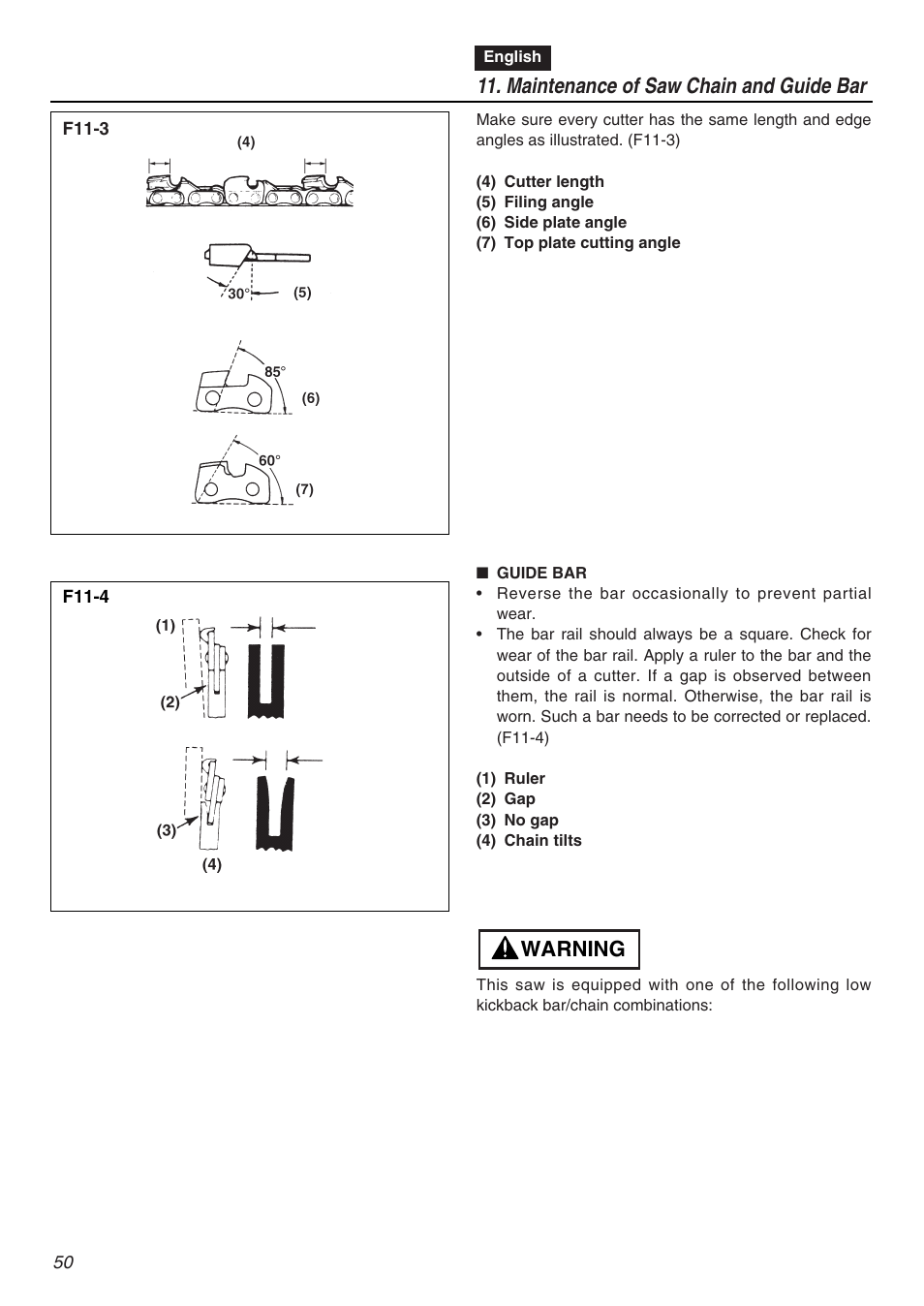 Warning, Maintenance of saw chain and guide bar | Zenoah G3200EZ User Manual | Page 50 / 64