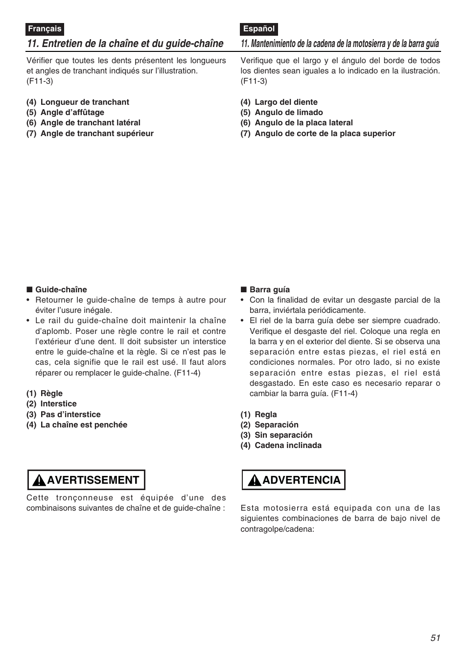 Entretien de la chaîne et du guide-chaîne, Avertissement, Advertencia | Zenoah G3200EZ User Manual | Page 51 / 64
